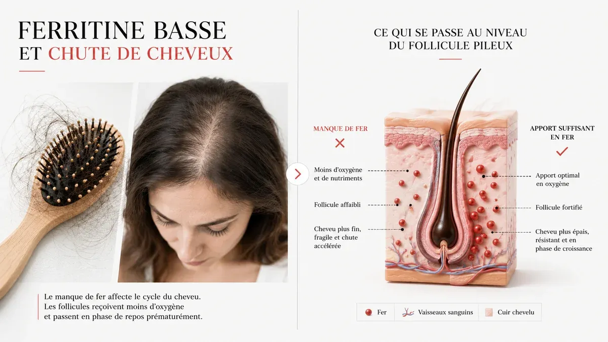 Infographie : Ferritine basse et chute de cheveux, ce que montrent les études