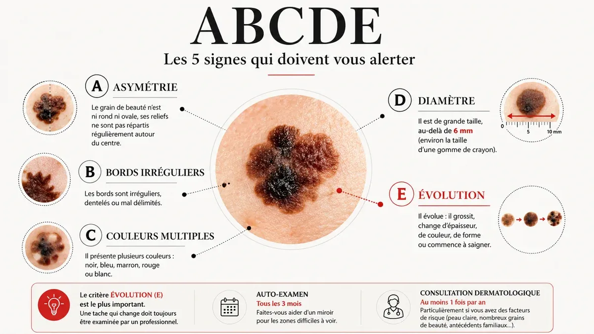 Infographie : La règle ABCDE pour savoir quand s'inquiéter d'une tache