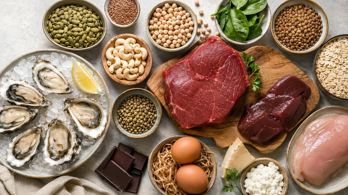 Aliments riches en zinc : huîtres, viande rouge, foie, légumineuses et graines disposés sur un plan de travail