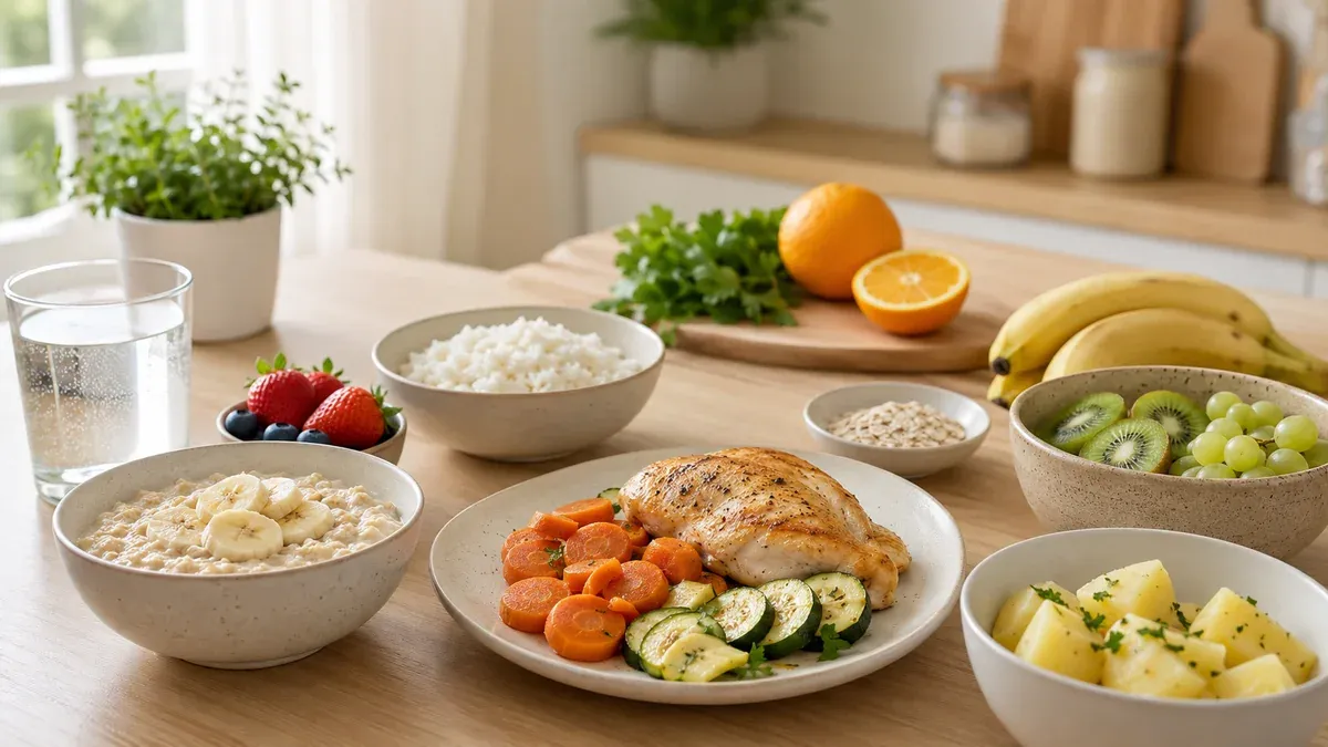 Assiette d'aliments doux pour le côlon irritable avec riz, carottes cuites et poisson