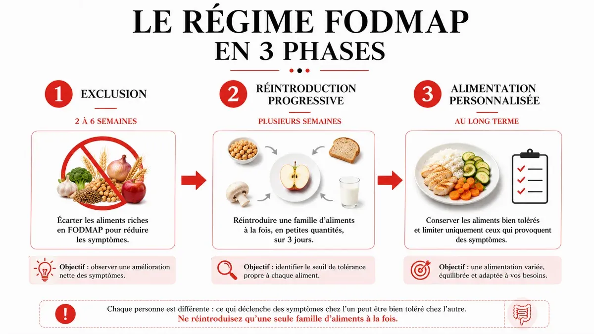 Infographie : Le régime pauvre en FODMAP en trois phases