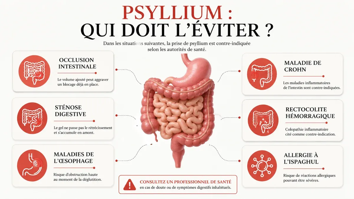 Infographie : qui doit éviter le psyllium, contre-indications officielles