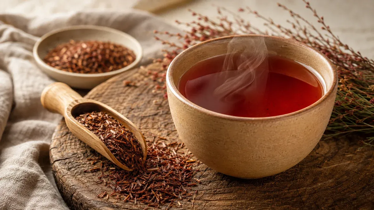 Rooibos danger : tasse de rooibos fumante et rooibos en vrac