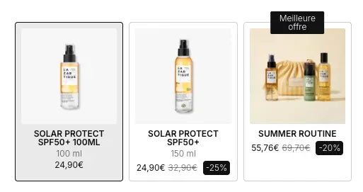 Les trois formats du Solar Protect sur le site officiel : 100 ml à 24,90 euros, 150 ml à 24,90 euros au lieu de 32,90 euros et la routine estivale