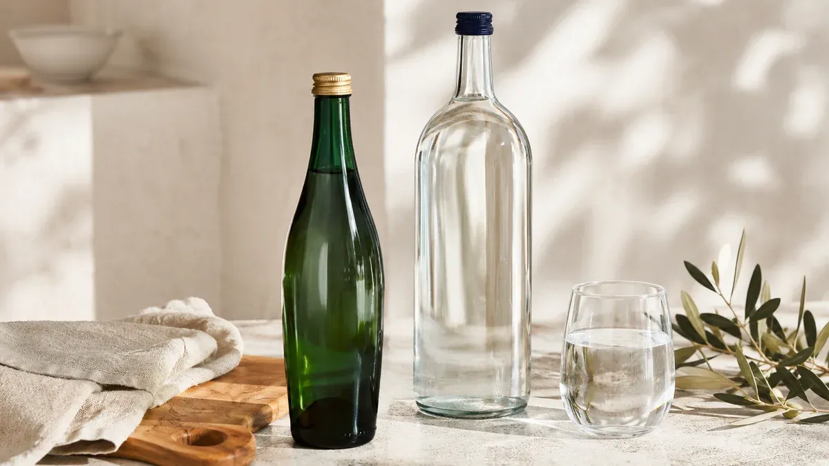 Deux bouteilles d'eau minérale en verre sans étiquette posées sur un plan de travail en pierre