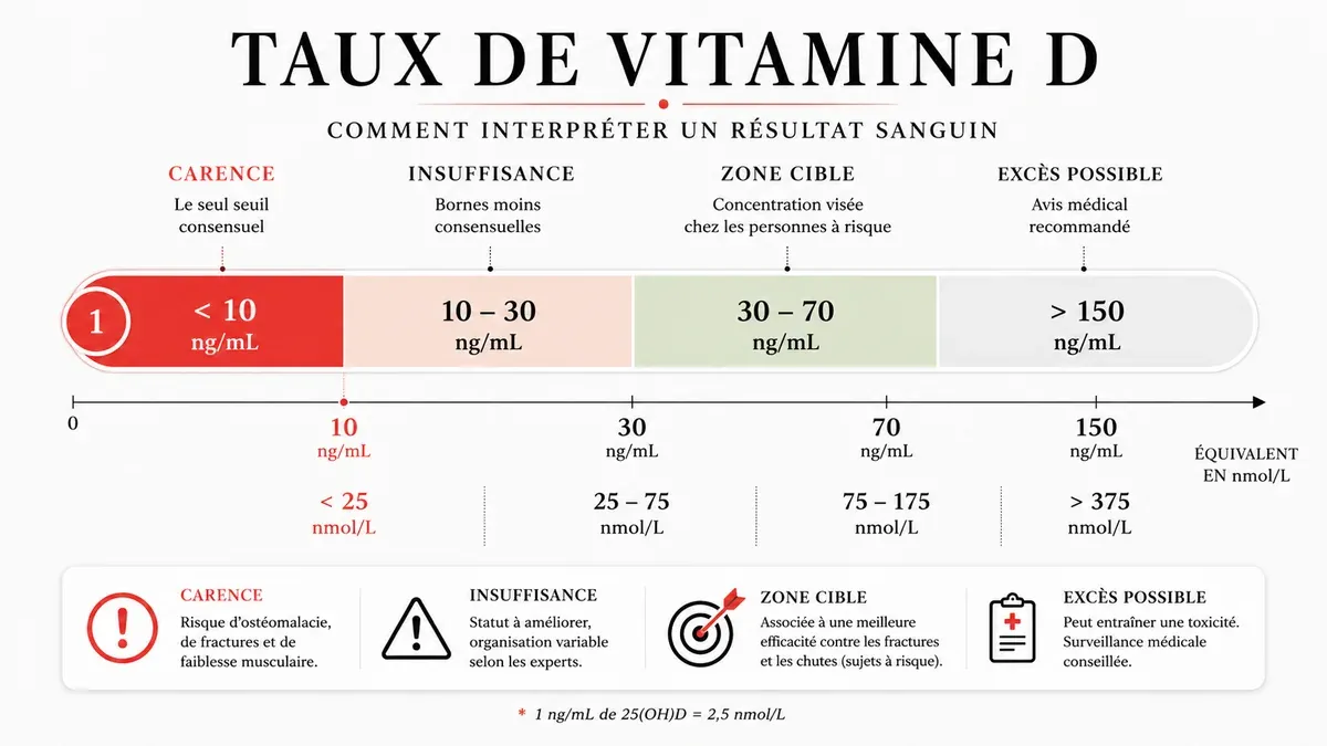 Infographie : Carence, insuffisance, taux visé : comment lire un dosage