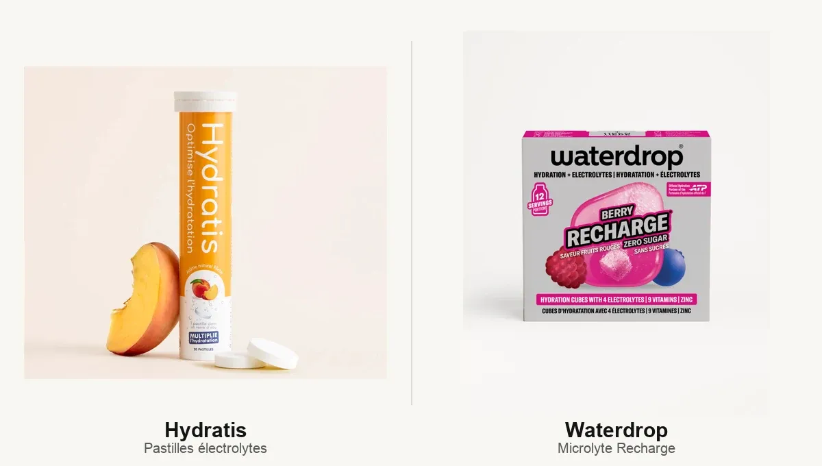 Comparatif visuel entre les pastilles d'électrolytes Hydratis et les cubes Waterdrop Microlyte Recharge