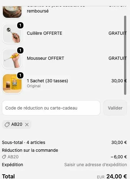 Récapitulatif de commande Bonjour Drink avec le code AB20 et la réduction de 6 euros appliquée