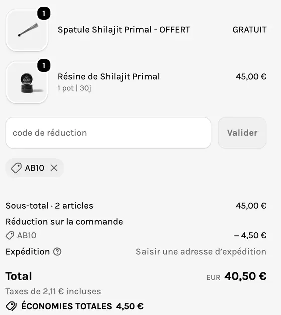 Récapitulatif de commande Primal avec le code AB10 et la réduction de 4,50 euros appliquée