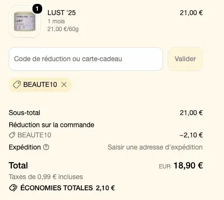 Récapitulatif de commande Circles avec le code BEAUTE10 et la réduction de 2,10 euros appliquée sur la cure LUST