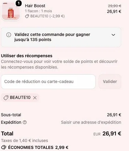 Récapitulatif de commande Karacare avec le code BEAUTE10 et la réduction de 2,99 euros appliquée sur le flacon Hair Boost