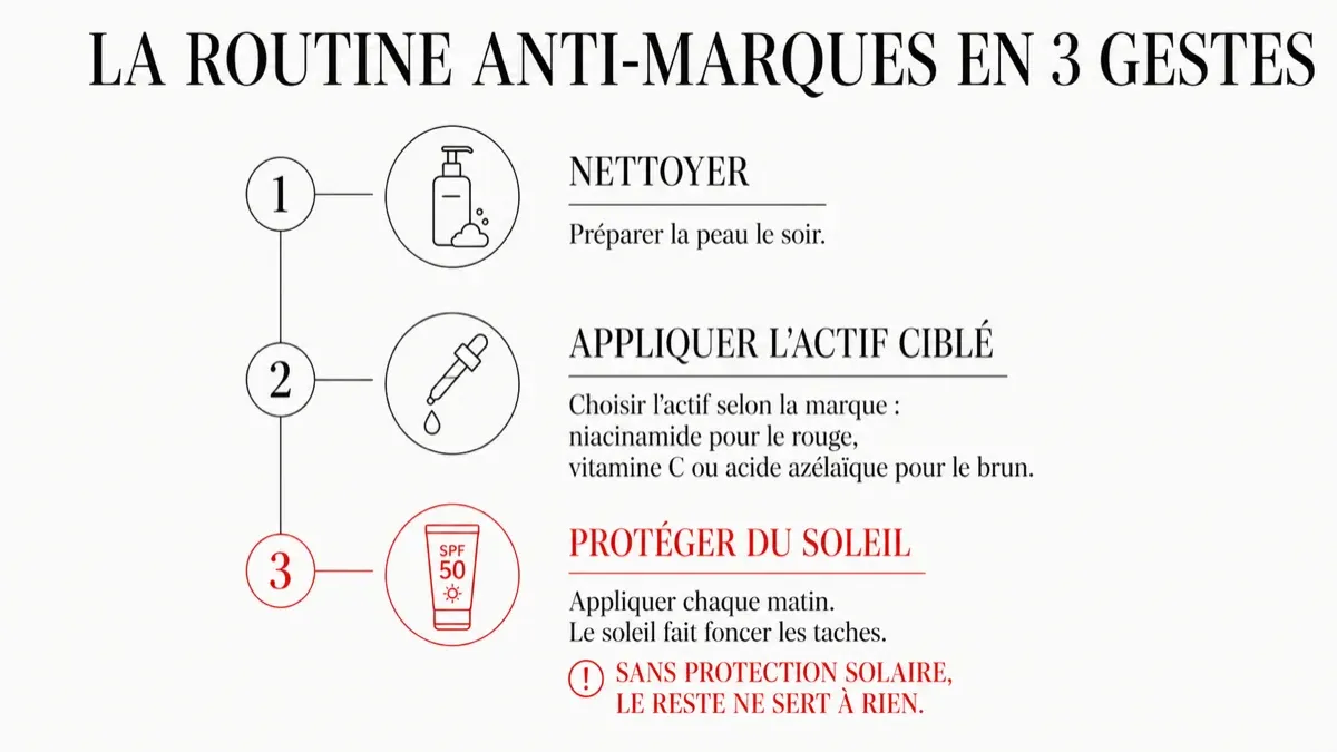 Infographie de la routine anti-marques d'acné en trois gestes : nettoyer, appliquer l'actif ciblé, protéger du soleil