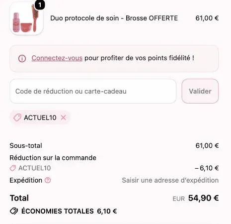 Récapitulatif de commande Les Secrets de Loly avec le code ACTUEL10 et la réduction de 6,10 euros appliquée sur le Duo protocole de soin