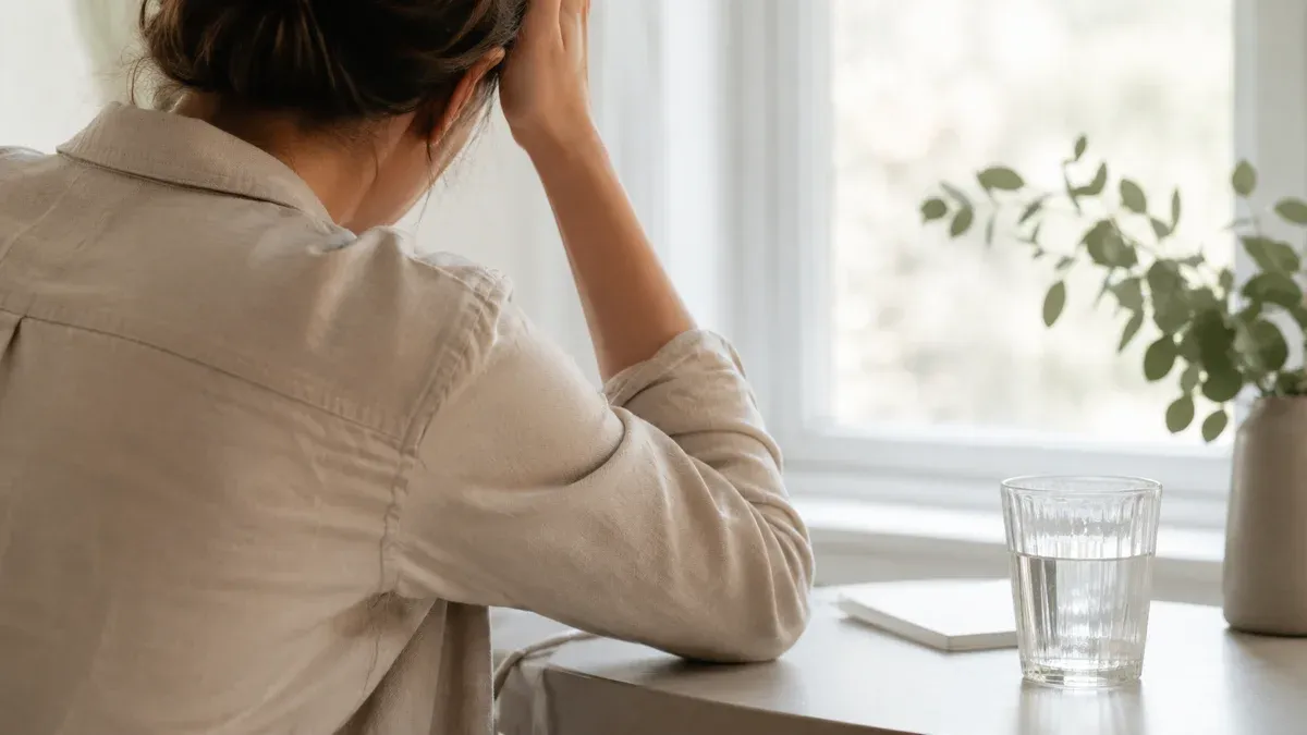 Personne fatiguée près d'une fenêtre en lumière naturelle, une main portée vers la tête, un verre d'eau