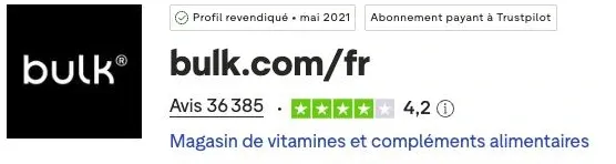Fiche Trustpilot bulk.com/fr : 4,2 sur 5 pour 36 385 avis