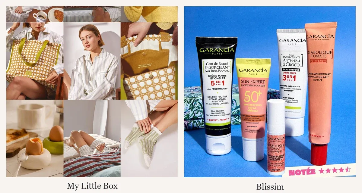 Comparatif visuel entre l'univers beauté et lifestyle de My Little Box et les produits beauté de la box Blissim