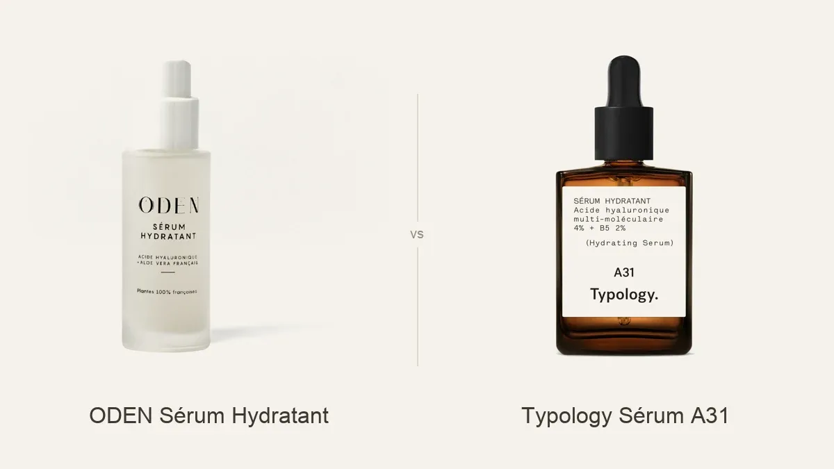 Comparatif visuel entre le Sérum Hydratant ODEN et le Sérum A31 acide hyaluronique de Typology