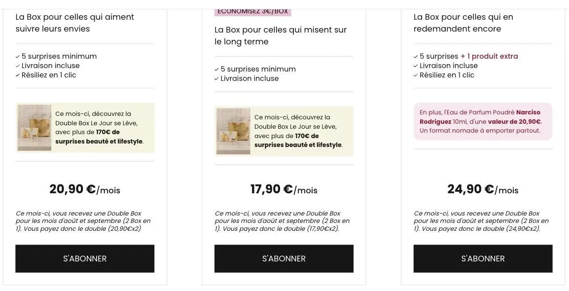 Page officielle My Little Box avec les formules Classique, 1 an et Extra et leurs prix