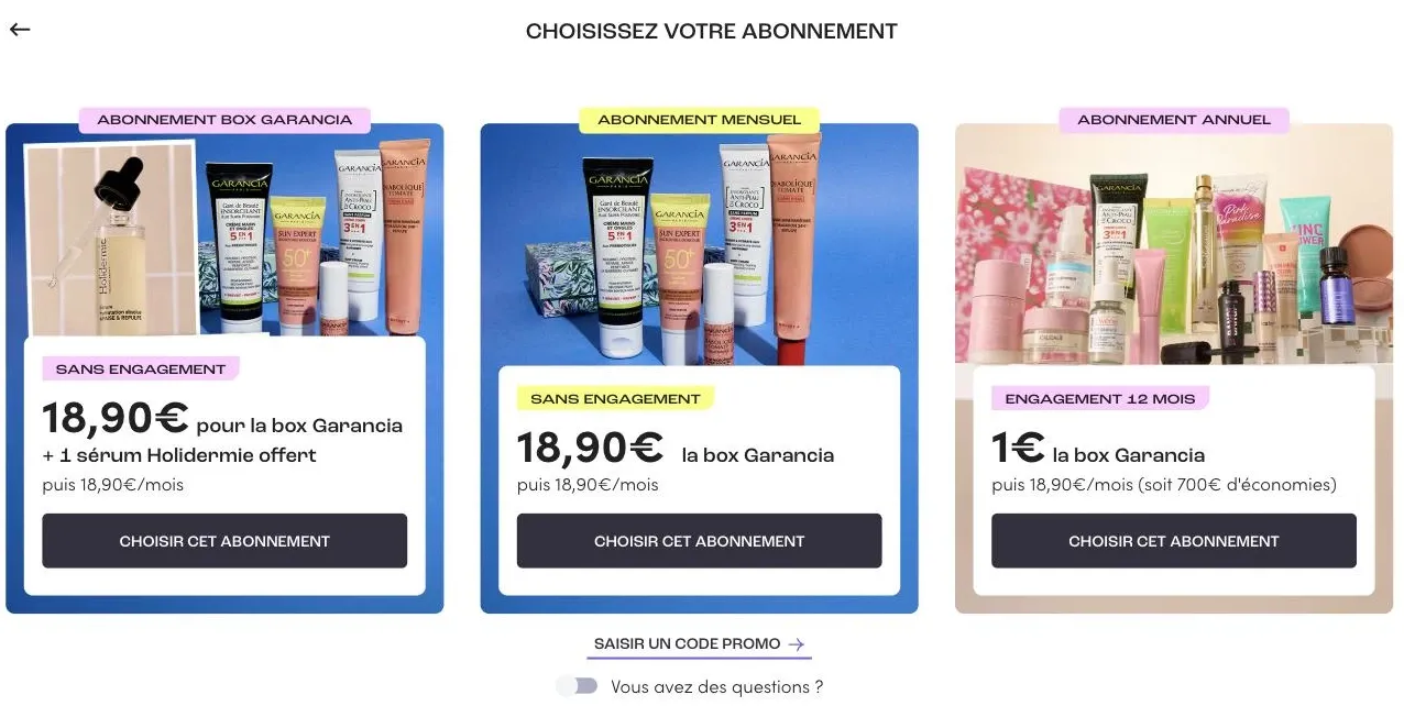 Modale d'abonnement Blissim présentant la formule mensuelle, l'offre annuelle et la double-box