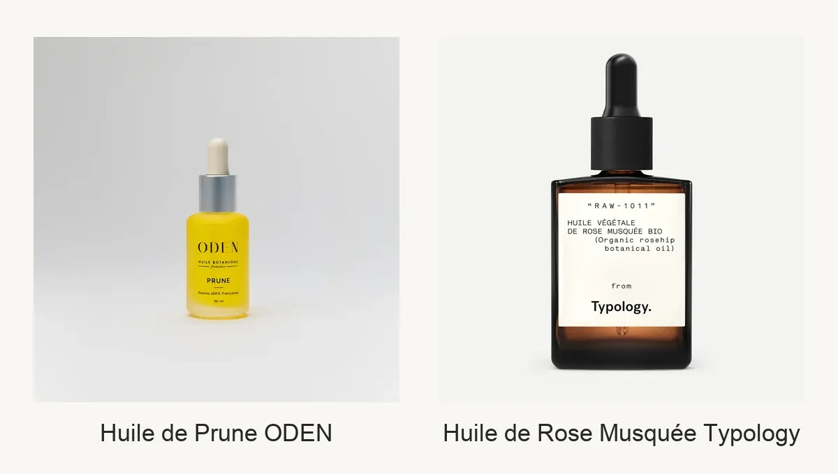 Comparatif visuel entre l'Huile de Prune ODEN et l'Huile de Rose Musquée Typology