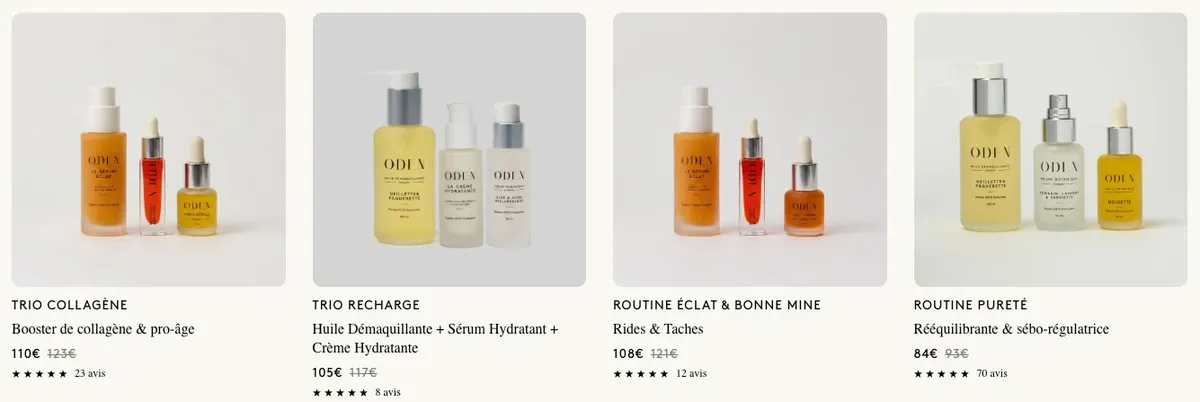 Routines ODEN (Trio Collagène, Trio Recharge, Routine Éclat et Bonne Mine, Routine Pureté) et leurs prix, cosmétique naturelle française