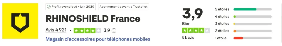 Note Trustpilot de Rhinoshield France : 3,9 sur 5