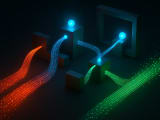 Abstract visualization of business data represented as light particles flowing through geometric shapes, changing from red at bottlenecks to green in optimized sections after passing through blue AI intervention nodes
