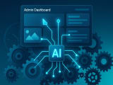 Abstract 3D illustration showing digital components and gears self-assembling into an admin dashboard with AI connectors, contrasting the simple user interface with complex automated processes happening underneath.