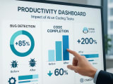 Interactive dashboard displaying coding productivity metrics showing significant improvements with AI tools: 85% better bug detection, 200% faster code completion, and 60% reduced refactoring time.