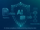 3D illustration of a digital shield composed of connected nodes protecting enterprise data, symbolizing AI-driven compliance automation with a 2024 regulatory timeline in the background