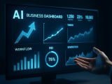 Modern business dashboard with glowing blue AI analytics visualizations showing upward trending graphs and ROI metrics, with a hand gesturing toward key performance indicators.