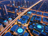 Futuristic cityscape showing AI technologies integrated into urban life with flowing light trails connecting different applications across transportation, healthcare and buildings