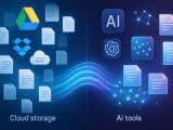 Split-screen visualization of automated workflows between cloud storage platforms and no-code AI tools, connected by glowing integration lines with documents flowing through the transformation process.