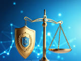 A balanced scale with a glowing neural network on one side and a protective shield on the other, symbolizing the balance between AI innovation and regulatory compliance