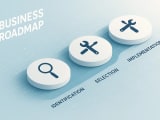 Isometric 3D illustration of a business roadmap with stepping stones representing BPA implementation phases, featuring icons for identification, tool selection, and implementation across a digital landscape.