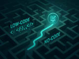 Aerial view of a business maze with two highlighted paths to digital transformation - one with code symbols representing low-code and one clear path representing no-code approaches.