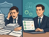 Split-screen comparison showing a professional transitioning from overwhelming manual compliance paperwork to an efficient AI-powered compliance dashboard with automated checks and notifications, illustrating 50% workload reduction