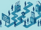 Isometric illustration of an enterprise digital transformation journey showing business professionals navigating through different BPA technology options along a structured pathway with decision points.