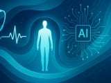 Abstract digital illustration showing the convergence of healthcare symbols and AI technology, with a human silhouette protected by surrounding AI-enhanced healthcare services, representing the patient-centered revolution in healthcare