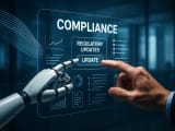 Robotic and human hands collaborating on a transparent digital compliance dashboard with flowing data streams, symbolizing the partnership between humans and AI in modern compliance frameworks.