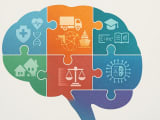 Abstract digital artwork of seven interconnected puzzle pieces forming a brain shape, each piece representing a different industry with visual elements of healthcare, logistics, education, real estate, and legal services, all enhanced with AI pattern overlays.