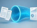 Abstract visualization of invoice automation process as a glowing digital pipeline transforming paper invoices into structured data and reports with flowing digital particles inside.