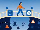 Person walking confidently across a bridge constructed of simplified security icons and no-code elements, safely traversing over a digital chasm containing chaotic code and security threats below.