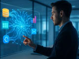 Professional using a futuristic transparent touchscreen displaying glowing interconnected data nodes with AI neural pathways flowing between application icons in a modern office setting.