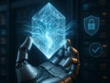 Close-up of a sophisticated robotic hand holding a glowing crystalline data structure with flowing light patterns showing AI processing, set against an enterprise server background with subtle visual elements representing security and compliance.