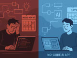 Split-screen illustration comparing traditional coding approach taking months with stressed developer versus streamlined no-code AI development completed in days with visual flow diagrams