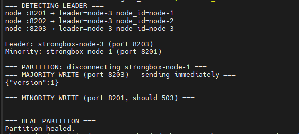 Network partition test — minority partition returns 503 on writes