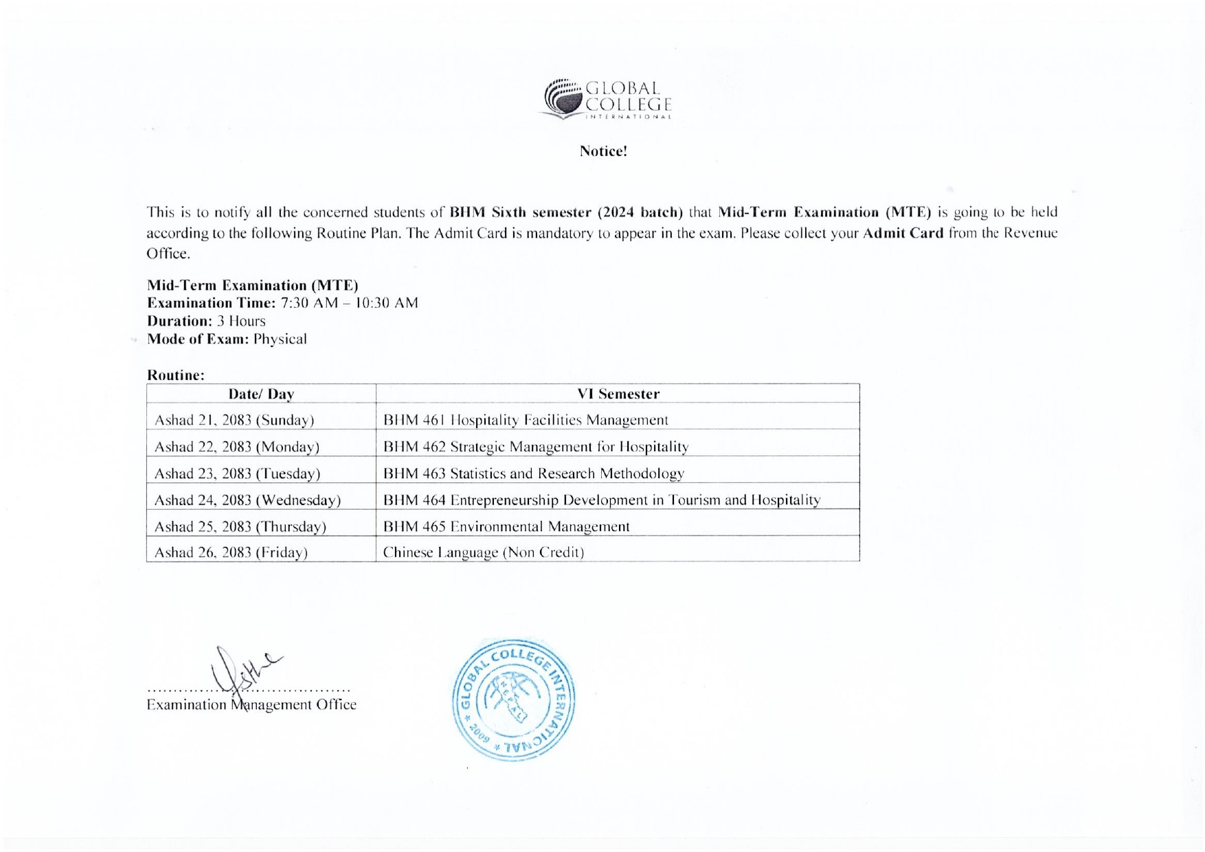Mid Term routine BHM Sem-6 (2024 batch)