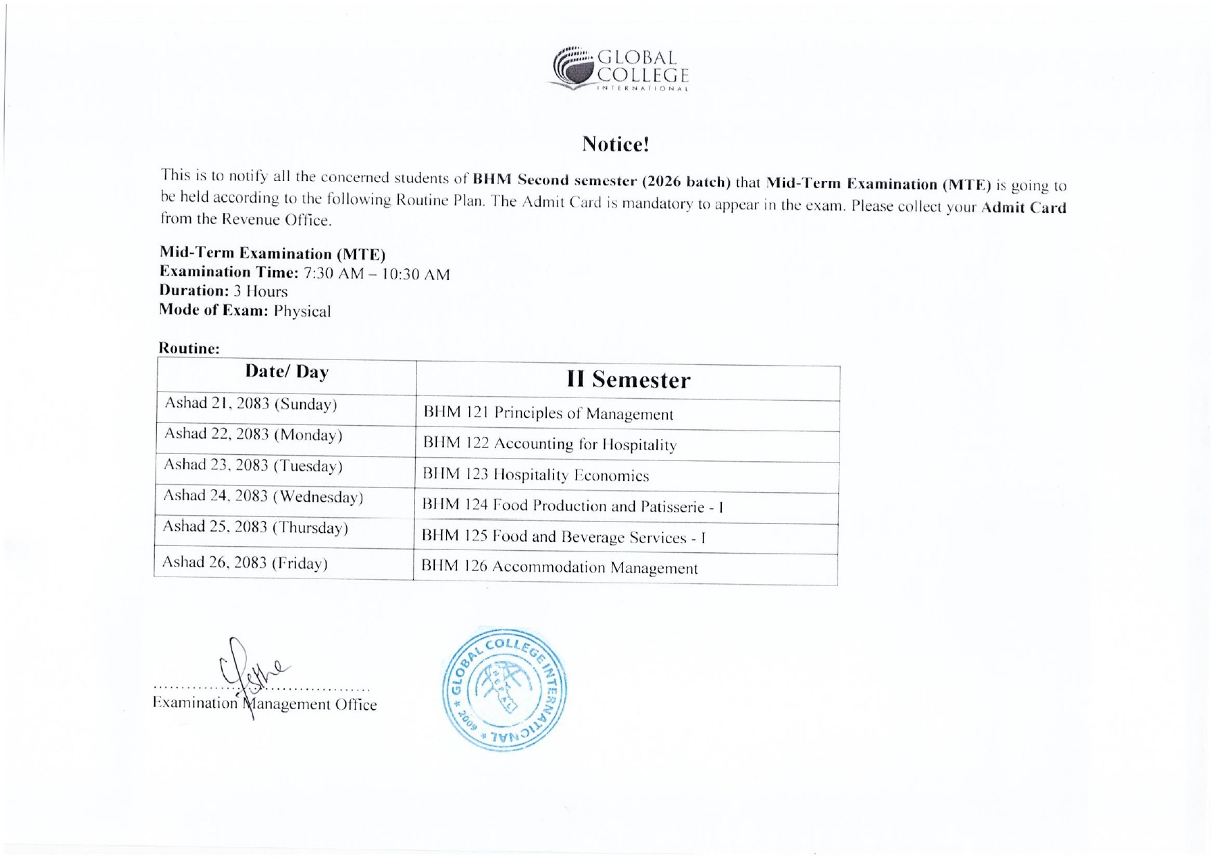 Mid Term routine BHM semester-2 (2026 batch)