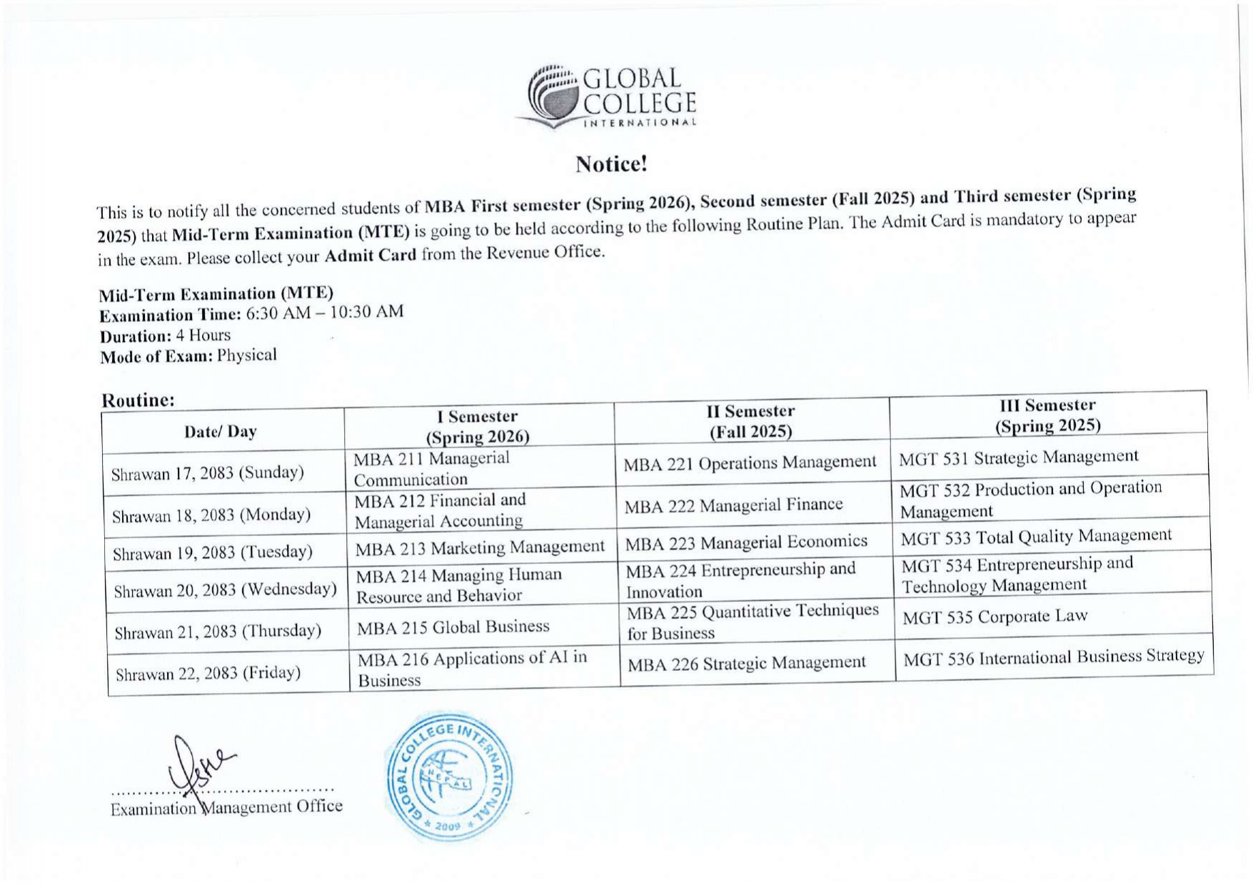 MBA Mid Term Routine sem-1(26S) 2(25F), 3(25S)